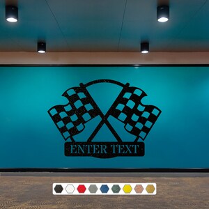 May include: A black and white chequered racing flag decal with the text "ENTER TEXT" on a blue background.