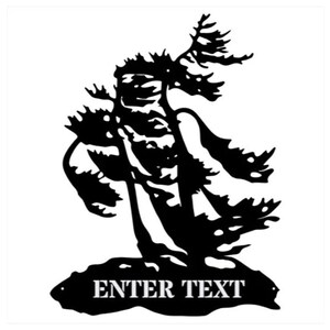May include: Black silhouette of a pine tree with branches blowing in the wind. The tree is on a rock base with the text "ENTER TEXT" below.