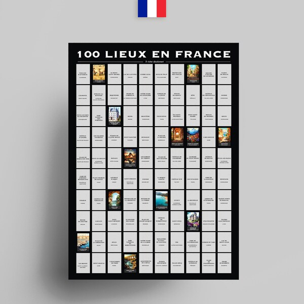 100 Affiches Lieux en France à Gratter (Version Noire), Cadeau de la France | Journal de voyage | Liste de seaux de la France | Carte de France | Paris