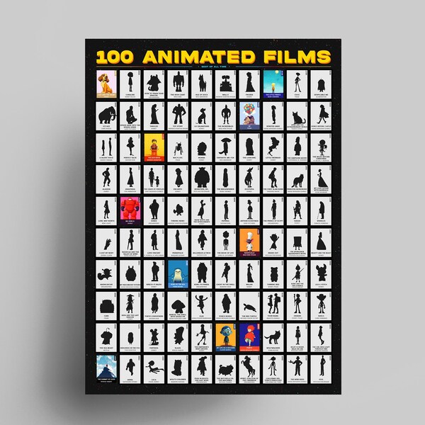 Top 100 Animated Films Scratch-Off Poster | Gift For Movie Lovers | 100 Movies Scratch Poster | Movie Enthusiast Bucket List