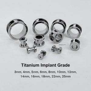 May include: A set of titanium implant grade ear gauges in various sizes, ranging from 3mm to 25mm. The gauges are made of a smooth, polished metal and have a shiny, silver finish.