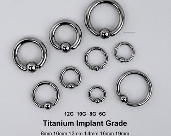 Anillo de titanio con bola cautiva de 12G, 10G, 8G y 6G / Grado de implante ASTM F136 / Aro de bola CBR hipoalergénico y ligero / Acabado pulido espejo a mano