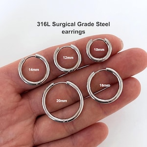 316L Surgical Steel Sleeper Earrings for Men | Hypoallergenic Silver Hoop Earrings | Stackable Cartilage Hoops | 10mm 12mm 14mm 16mm 20mm