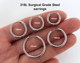 316L Surgical Steel Sleeper Earrings for Men | Hypoallergenic Silver Hoop Earrings | Stackable Cartilage Hoops | 10mm 12mm 14mm 16mm 20mm