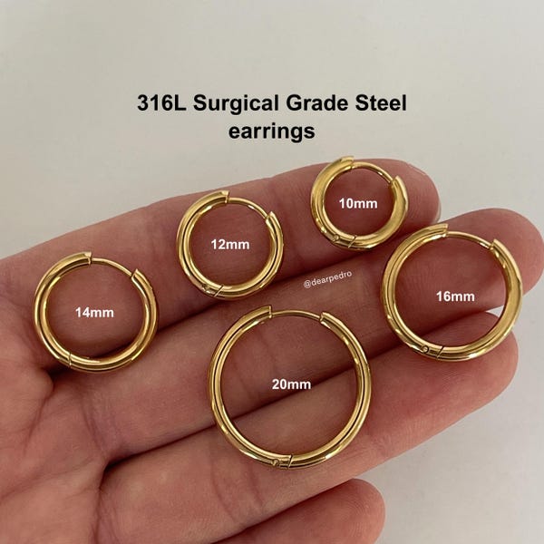 316L Surgical Steel Hinged Gold Hoop Earrings | Hypoallergenic Stackable Hoops for Cartilage | 10mm 12mm 14mm 16mm 20mm | Pair