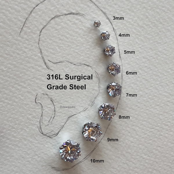 Pair of 316L Surgical Steel Round Cubic Zirconia Studs | Stackable Stud Earrings | Hypoallergenic | 3mm 4mm 5mm 6mm 7mm 8mm 9mm 10mm