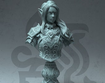 May include: A gray bust sculpture of an elf wearing ornate armor with intricate details. The bust is mounted on a decorative base.