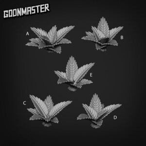 May include: Five different grey 3D printed models of leafy plants, labelled A to E.