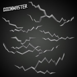 May include: A set of 10 grey, jagged, lightning bolt-shaped cracks on a black background. The word "GOONMASTER" is in white letters at the top of the image.