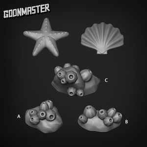 May include: A set of five 3D printed sea life models, including a starfish, a seashell, and three coral formations. The models are all grey and have a realistic texture.