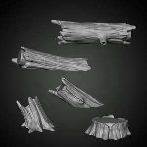 May include: A set of five grey, wooden tree stumps and branches, ideal for miniature gaming or model building.