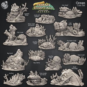 May include: A set of 14 miniature ocean-themed terrain pieces for tabletop gaming. The set includes a variety of coral, rocks, and other ocean-themed elements. The pieces are made of a light grey plastic and are designed to be used in tabletop games.