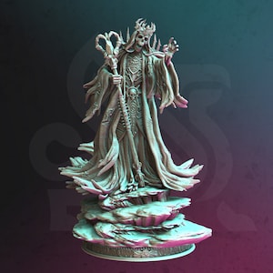 May include: A skeletal figure wearing a crown and robe, holding a staff, stands on a rocky base. The figure is painted in a light grey colour.