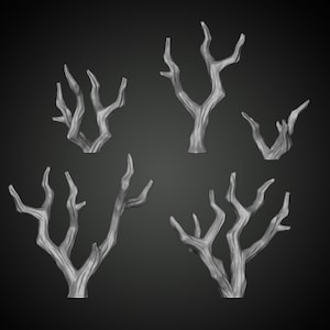 May include: Set of six grey, stylised, wooden tree branches, each with a unique shape and texture. The branches are arranged in a staggered pattern against a dark grey background.