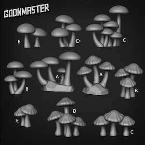 May include: A set of 10 different mushroom models, each with a unique shape and size. The models are made of a grey material and are labelled with letters A, B, C, D, and E.