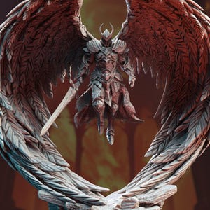 May include: A detailed sculpture of an armoured angel with large, feathered wings. The angel is holding a sword and wearing a helmet. The sculpture is in shades of grey and brown, with a textured appearance, and is set against a blurred background.