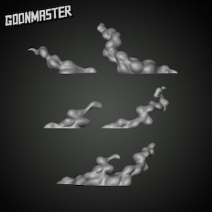 May include: Six different 3D models of abstract shapes resembling clouds or smoke. The shapes are rendered in a light grey colour and appear to be floating in a dark grey background.
