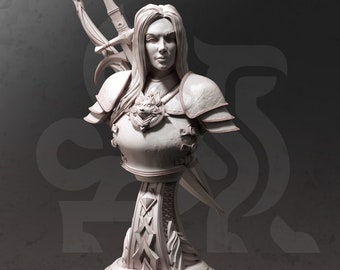 May include: A white painted bust sculpture of a woman wearing armor and holding a sword. The bust is on a decorative base.