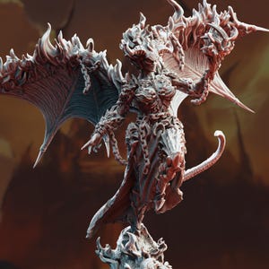 May include: A detailed, grey fantasy figurine of a female demon with large, textured wings and a flowing gown. The figure is adorned with chains and intricate details, with a fiery crown and tail.
