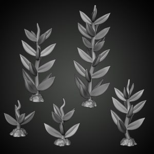 May include: Five 3D printed models of stylised plants with varying heights and leaf shapes. The plants are all grey and have a smooth, rounded texture.