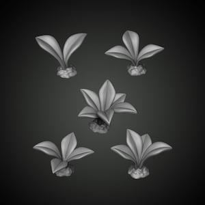 May include: Five 3D printed grey plastic models of stylised plants with different leaf shapes. The plants are all on a dark grey background.