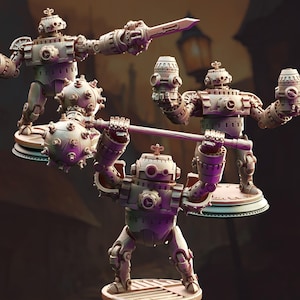 May include: Several steampunk robot figurines in dynamic poses. One holds a sword, another a spiked mace, and a third lifts a barbell. The robots are predominantly grey with bronze detailing, set against a dark backdrop.