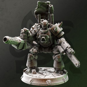 May include: A detailed miniature of a robot with a large gun and a chainsaw, painted in a rusty brown colour. The robot is standing on a circular base with a textured surface.