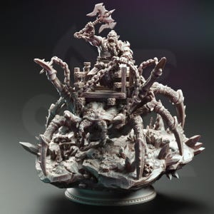 May include: A miniature figurine of an Orc riding a giant spider. The Orc is holding an axe and is wearing armour. The spider has eight legs and is covered in spikes. The figurine is painted in a grey colour and is set on a rocky base.