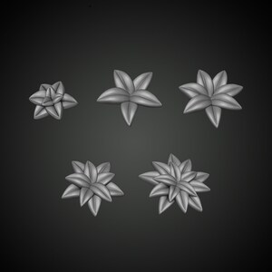 May include: Six silver star-shaped ornaments with a 3D design. The ornaments are arranged in two rows of three.