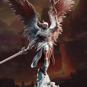May include: A detailed figurine of an angel warrior, clad in ornate armour and large feathered wings. The figure is holding a sword and a staff, standing atop a rocky base. The colour palette is primarily grey and white, with a blurred, fiery background.