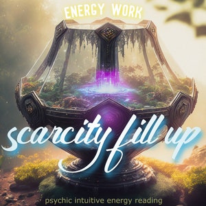 May include: A digital illustration of a glowing orb inside a glass dome, surrounded by greenery. The text "scarcity fill up" is written in a stylized font below the dome. The text "ENERGY WORK" is written in yellow above the dome. The text "psychic intuitive energy reading" is written below the dome.