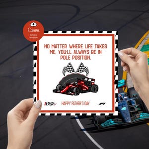 Cartão engraçado para o Dia dos Pais da F1 | Cartão para pais que correm Cartão para o Dia dos Pais da F1 | Cartão editável para pais que correm | Pole Position Fórmula 1 para impressão