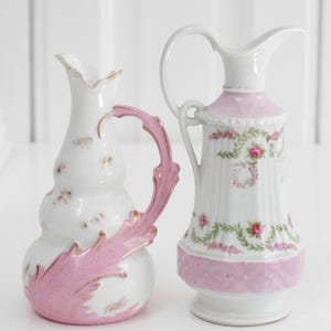 2 Antique French porcelain decanters in white and pink, small ceramic syrup jug, pitcher or vase, French Chateau Brocante style