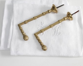 Vintage French mid-century brass metal curtain tie backs, matching pair curtain holders, drapery hardware