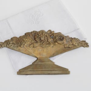 Antique French large ormolu bronze furniture pediment, design of a vase filled with flowers, old hardware, metal ornament - Parisian Chic