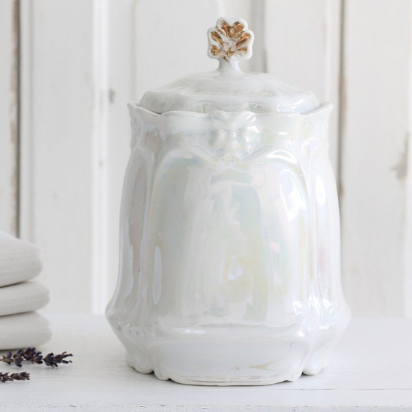 Antique porcelain iridescent glaze storage jar, Victorian ceramic lusterware canister with gold color finial, biscuit barrel, cookie jar.