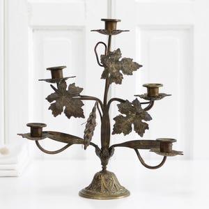 Antique French metal church candle holder w grape leaves wheat stalk, 5 arm alter chapel candelabra, candlestick religious decor France
