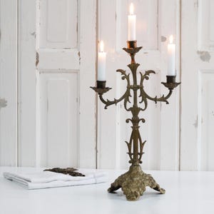 Antique French 3 arm gilded brass candle holder, grapevines, cherubs, decorative bronze alter chapel candelabra, religious candlesticks