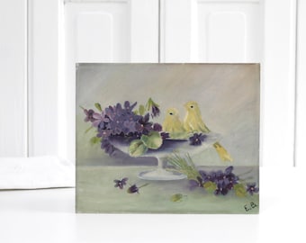 Vintage still life bird painting, original oil painting on board, two canaries on footed bowl, purple flowers