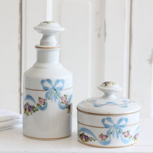 Vintage Limoges hand painted porcelain vanity dressing table set, perfume scent bottle & powder box, floral pansies bow jewelry trinket box