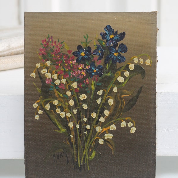 Vintage original small oil painting on board, Bouquet with lilies of the valley, white green blue pink florals - French Shabby painting