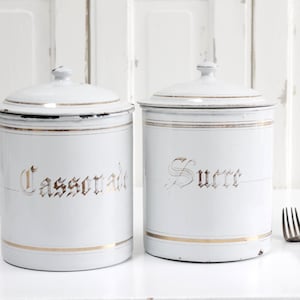 RARE XL Antique French white enamel lidded canister, gold trim faded lettering, enamelware extra large storage jar for Sucre and Cassonade
