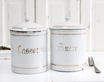 RARE XL Antique French white enamel lidded canister, gold trim faded lettering, enamelware extra large storage jar for Sucre and Cassonade