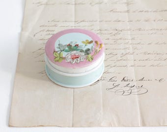 RZADKI Antyczny mały pojemnik na maść, porcelanowe pudełko na tabletki w kolorze różowo-niebieskim z motywem kwiatowym w stylu Old Paris, słoik apteczny, pudełko na drobiazgi do komody, wystrój w stylu shabby chic