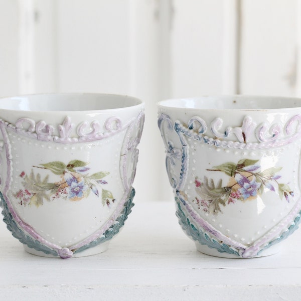 Pair of antique porcelain coffee mugs, shabby chic lusterware teacups, ornate Victorian mug, cup with embossed decor - French finds