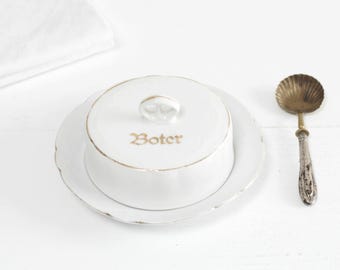 Antyczna holenderska maselniczka z porcelany w kolorze białym i złotym, maselniczka z pokrywką i złoconym napisem BOTER, waza do serwowania masła, wystrój paryski