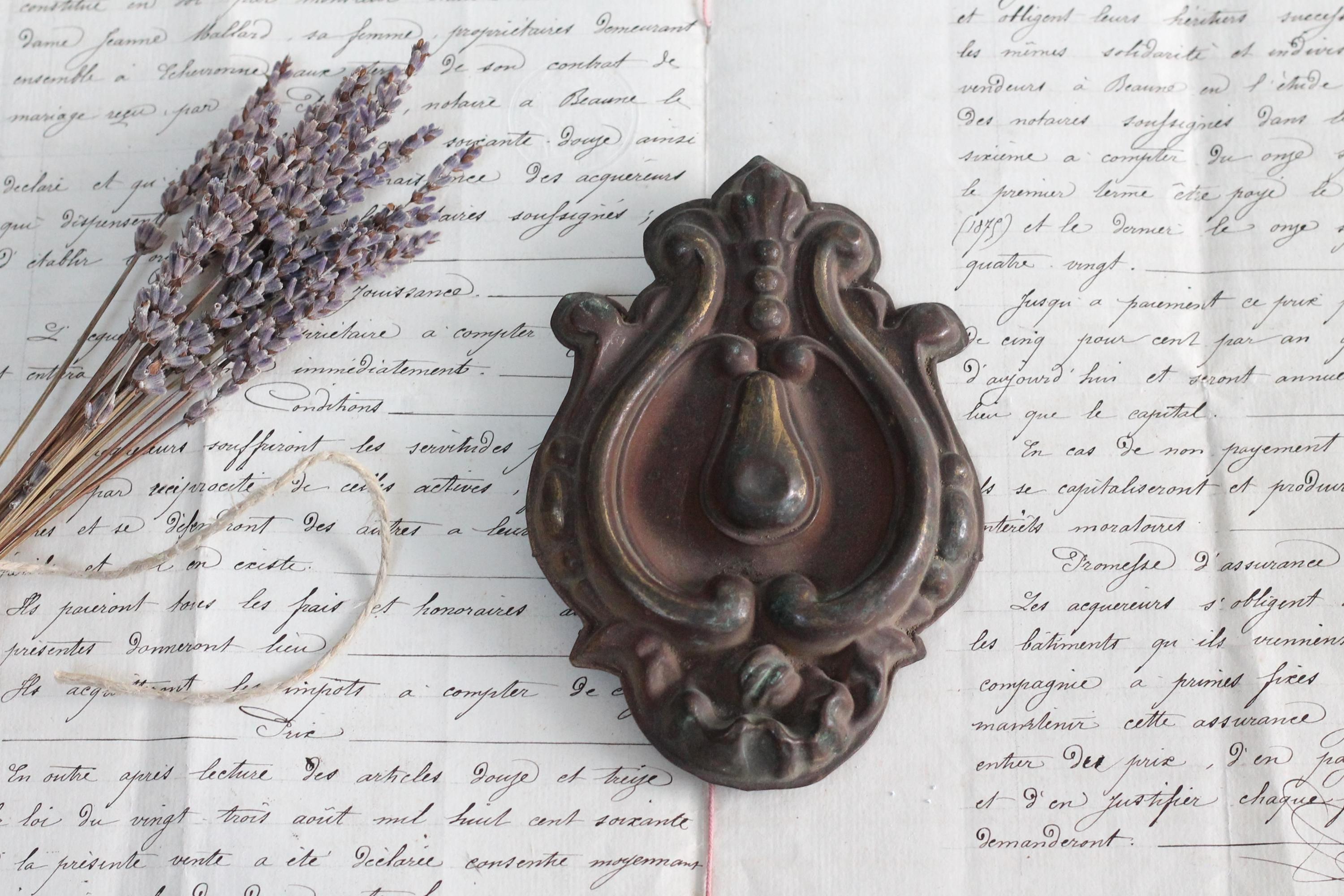 Antique French large rustic metal nail cover Cache-clou, decorative hook cap, vintage ornament, metal wall decor relief plaque Chateau style