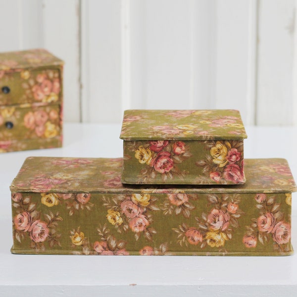 Vintage French mustard green floral fabric box and jewelry box, faded and worn glove box, boudoir storage box, Shabby Chic Bohemian Brocante