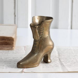 Vintage solid brass ladies boot vase or planter, antique Victorian shoe, collectible figure, decorative vanity dresser decor, boudoir style