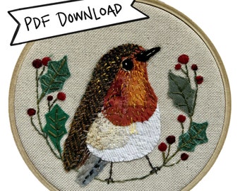 PDF Pattern Christmas Slow Stitch Hoop - Merry Robin - PDF Instructions and Pattern